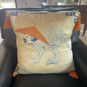 Pink Lion Dog Silk Pillow by Paige Gemmel